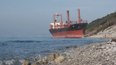 The ship called Rio ran aground after a storm in the black sea. Aerial view. Stock-Footage 101574357