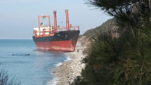 The ship called Rio ran aground after a storm in the black sea. Aerial view. Video stock 101577555