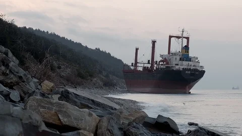 The ship called Rio ran aground after a storm in the black sea. Aerial view. 動画素材 101578387