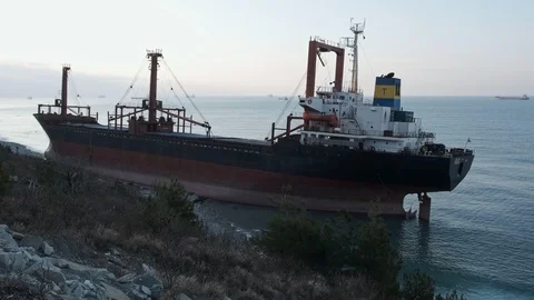 The ship called Rio ran aground after a storm in the black sea. Aerial view. Video stock 101578556