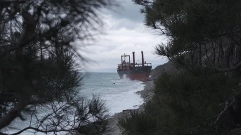 The ship called Rio ran aground after a storm in the black sea. Aerial view. Video stock 101579187