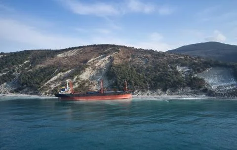 The ship called Rio ran aground after a storm in the black sea. Aerial view. Stock Photos