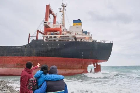 The ship called Rio ran aground after a storm in the black sea. Stock Photos