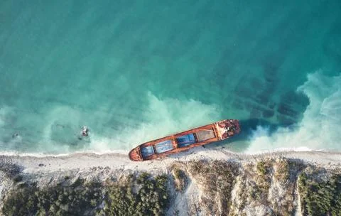 The ship called Rio ran aground after a storm in the black sea. Stock Photos