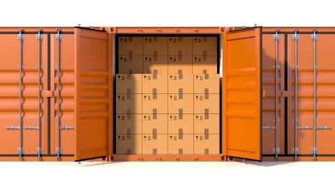 Ship cargo container side view full with cardboard boxes Stock Illustration