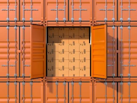 Ship cargo container side view full with cardboard boxes Stock Illustration