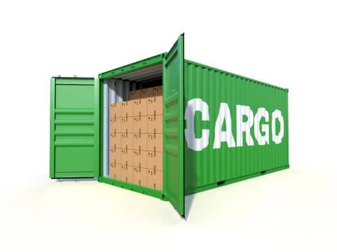 Ship cargo container side view with cardboard boxes Stock Illustration