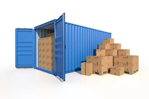 Ship cargo container side view with cardboard boxes Stock Illustration