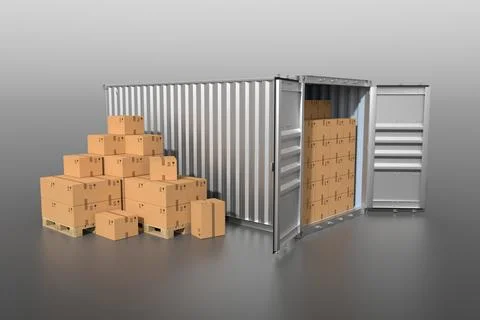 Ship cargo container side view with cardboard boxes 3D illustration Illustrazione stock