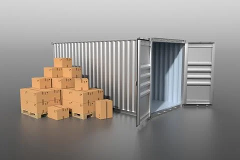 Ship cargo container side view with cardboard boxes Illustrazione stock