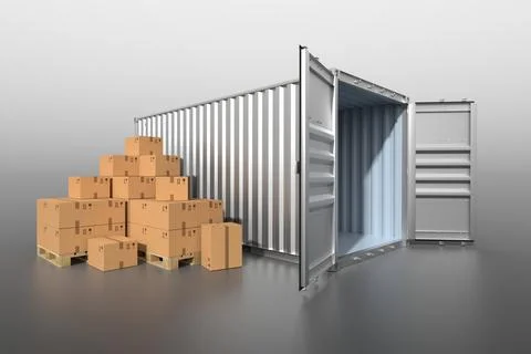 Ship cargo container side view with cardboard boxes Stock Illustration