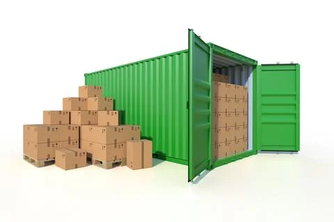 Ship cargo container side view with cardboard boxes Stock Illustration