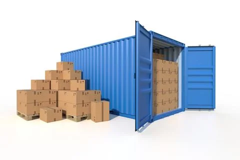 Ship cargo container side view with cardboard boxes Stock Illustration