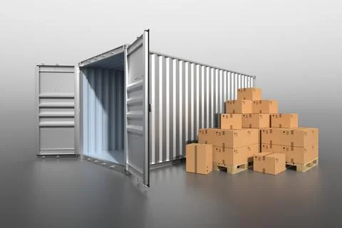 Ship cargo container side view with cardboard boxes Stock Photos