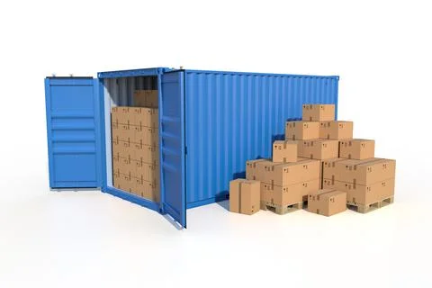 Ship cargo container side view with cardboard boxes Stock Photos