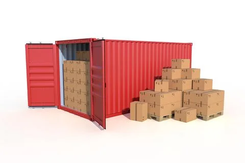 Ship cargo container side view with cardboard boxes Stock Photos
