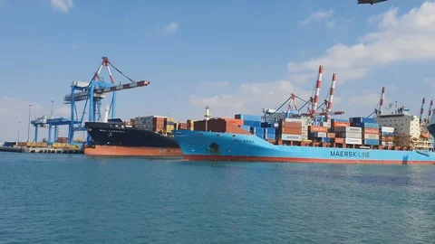 Ship with cargo containers and crane in sea port. Maritime container port, dock  Stock Footage 116557286