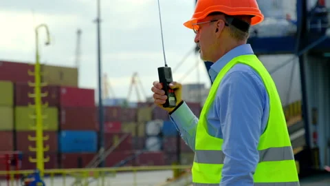 Ship cargo loading process foreman gives tasks to menagee Stock Footage 165728017