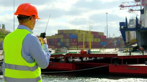 Ship cargo loading process. safety manager man in dockyard 스톡 동영상 165727960