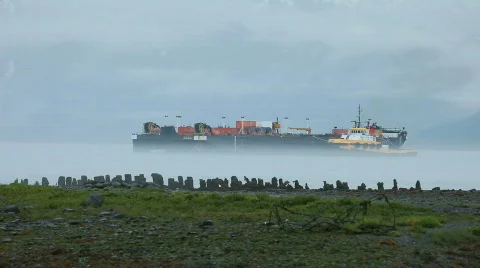 Ship cargo work in fog Alaska coast P HD 8578 Stock Footage 822452