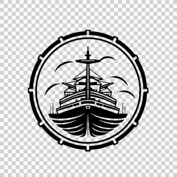 Ship In Circular Frame waves sails line art black white Stock Illustration