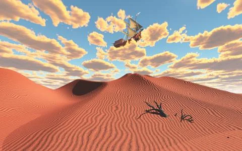 Ship in clouds above desert Stock Illustration