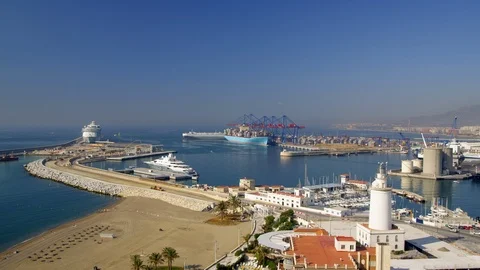 Ship, Commercial Dock, Harbor, Lighthouse, Sea, Coastline, Beach, Wide Shot, Stock Footage 95860241