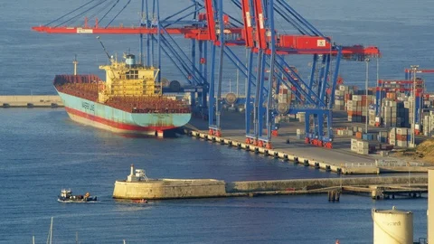 Ship, Container Ship, Commercial Dock, Harbor, Outdoors, Day, Wide Shot, Stock Footage 95859423