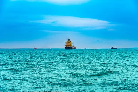 Ship container ship on the high seas view from the stern Stock Photos