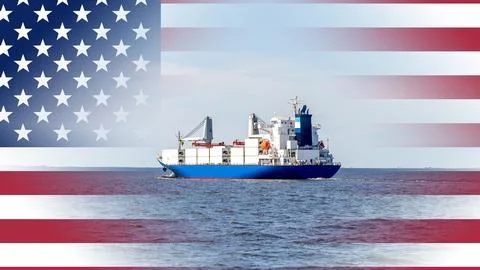 Ship container ship on USA flag background, Concept of cargo transportation by Stock Illustration