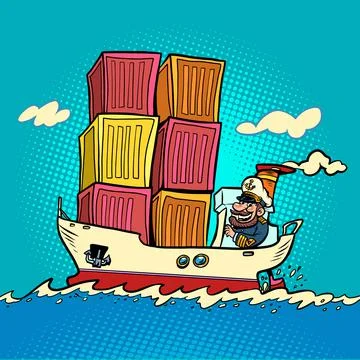Ship container shipping, captain sailor comic character. Cargo transport Stock Illustration