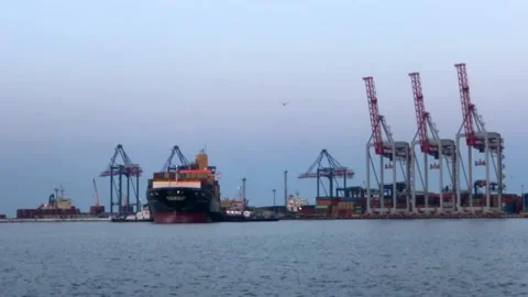Ship with containers in Odessa port. Container ship in the port of odessa Stock Footage 197384395