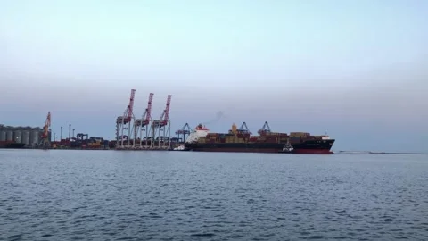 Ship with containers in Odessa port. Container ship in the port of odessa Stock Footage 197384440