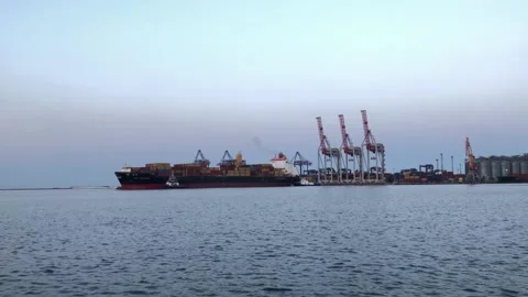 Ship with containers in Odessa port. Container ship in the port of odessa Stock Footage 197681623