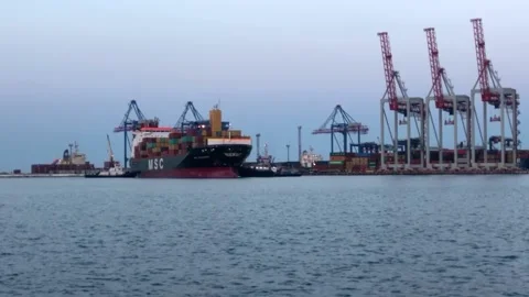 Ship with containers in the sea port. unloading a ship with containers Stock Footage 201528317