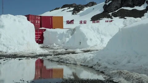 Ship conteiner reflexion Great Wall Antarctica Chinese Base Stock Footage
