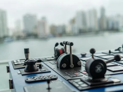 Ship control on the bridge. Stock Photos