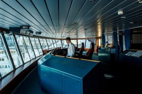 Ship control (captain) navigational bridge. Stock Photos