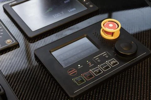 Ship control panel with alarm button, close-up photo. Electronic equipment Photos