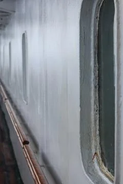 Ship Corridor With Window Perspective and Metal Wall Texture Foto stock