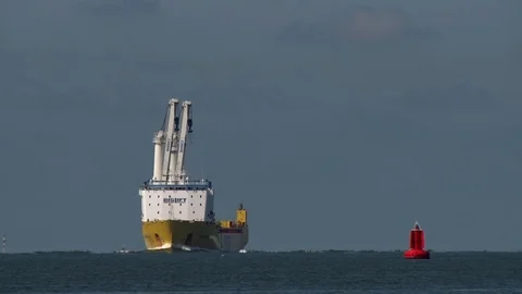 Ship, Crane ship sailing to the port of Rotterdam, Holland Stockbeeldmateriaal 89811283