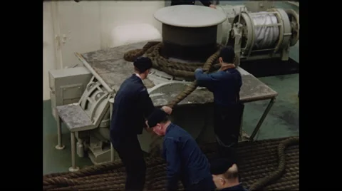Ship Crew Pulls Large Ropes 1957 Video stock 48184588