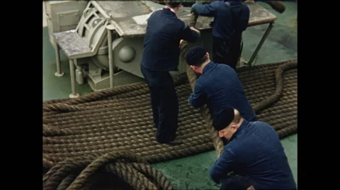 Ship Crew Pulls Large Ropes 1957 - 2 Stock Footage 48184716