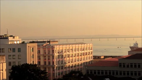 Ship crossing the Guanabra bay in front the Rio-Niteroi bridge Stock Footage 91498053