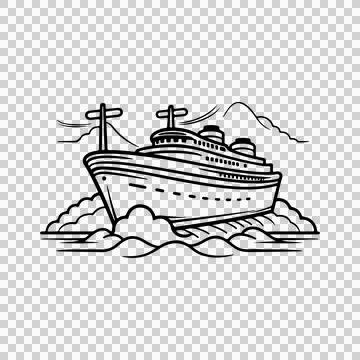 Ship Crossing Over Wavy Ocean sailing waves mountains clouds Stock Illustration