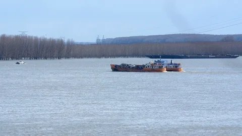 Ship Crossing A River In Summer Stock Footage 88368971