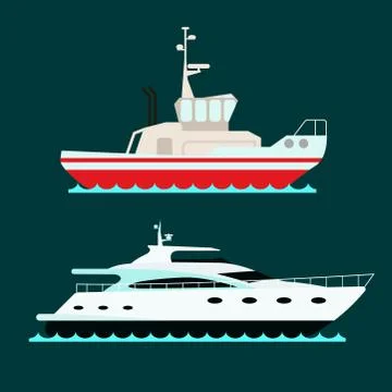 Ship cruiser boat sea symbol vessel travel industry vector sailboats cruise set Stock Illustration