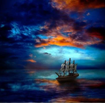 Ship on dark sea Illustrazione stock