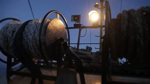 Ship deck equipment. ropes. spotlight. night. 20160131210016 220 1 Stock Footage 130356549
