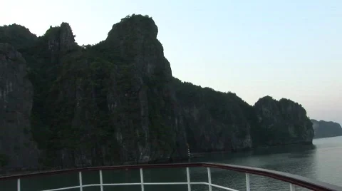 Ship deck, mountain scenery, Vietnam Stock Footage 290531